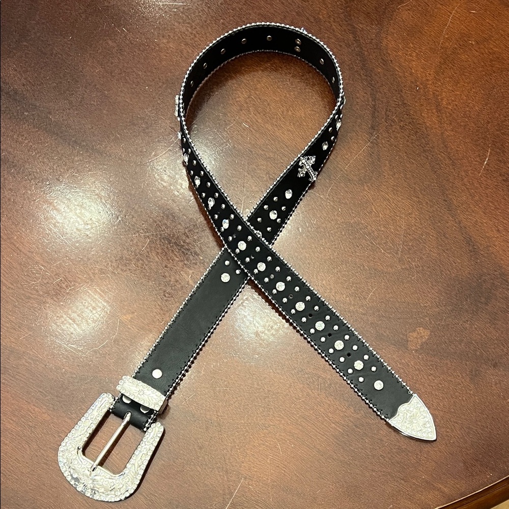 Black Studded Leather Belt with Silver Western Buckle